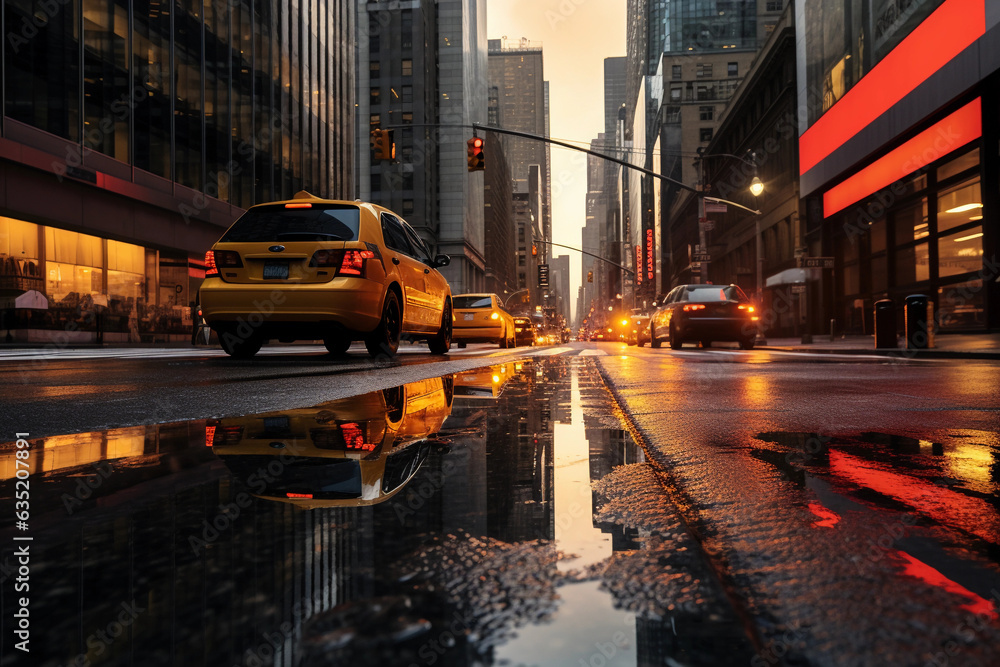 New York City streetscape at dawn, vibrant colors reflecting off of the ...