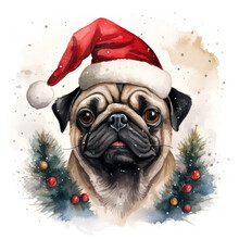 Cute Dog Watercolor Portrait. Happy Pug In Christmas Hat. Printable Template For Banners, Posters, Sublimation, T-shirts, Tumblers, Christmas And Greeting Cards. AI Generated.