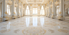 A Realistic Fantasy White Gold Marble Interior Of The Royal Palace. Golden Palace. Castle Interior. Fiction Backdrop. Concept Art. Digital Ai Art	