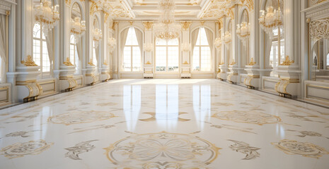 Wall Mural - A realistic fantasy white gold marble interior of the royal palace. golden palace. castle interior. Fiction Backdrop. concept art. digital ai art	