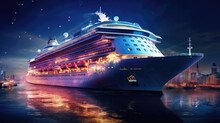 Cruise Ship At Night Time Blue Lighting, Ship At Sea Sailing In The Water, Travelling With People On A Cruise