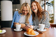 © dikushin - Portrait of two cheerful beautiful women friends sitting in cafe indoors, looking at phone and talking, laughing. Happy pretty females girlfriends using social media on smartphone in coffee shop.