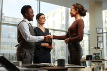 Side View Portrait Of Business People Shaking Hands In Luxury Office After Meeting, Cpy Space