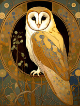 Decorative Art Nouveau Illustration Of A Barn Owl In An Ornate Decorative Background