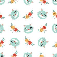 Seamless Pattern With Symbols From Alice In Wonderland, White/Red/Mint Flowers/Tea Cups Exclusive Print, White Background
