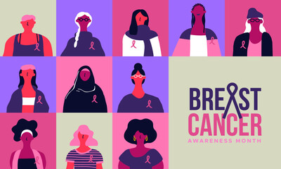 Wall Mural - Diversity women united for Breast Cancer awareness month vector card