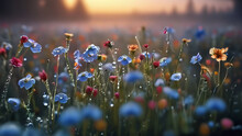 An Endless Meadow Of Wild Wildflowers In The Early Morning Dew At Dawn.