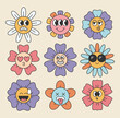 Retro flower characters set. Sticker pack in trendy retro psychedelic style. Groovy daisy with emoji. Editable stroke elements.Isolated vector illustration.