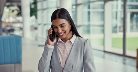 Wall Mural - Happy business woman, phone call and walking at office in communication, conversation or listening. Female person or employee talking on mobile smartphone in company building, discussion or proposal