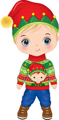 Wall Mural - Vector Boy Wearing Elf Hat and Christmas Sweater