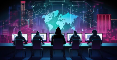 hacker group collaborating on a major cyber breach,vibrant vector illustration