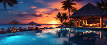 Tropical Resort Pool And Huts At Sunset. 21 To 9 Aspect Ratio