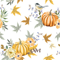 Wall Mural - Autumn yellow pumpkins, orange flowers, maple leaves, titmouse bird, white background. Vector seamless pattern. Fall season illustration. Garden nature design