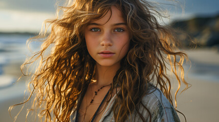 young girl at the beach with flowing hair