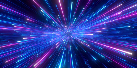 Wall Mural - abstract background in blue and purple neon glow colors. speed of light in galaxy. explosion in univ