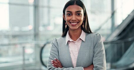 Poster - Face, happy and arms crossed with a corporate indian woman in an office or airport for an international trip. Portrait, smile and confident with a young employee in a business workplace for travel