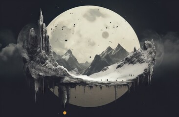 Fantasy landscape with mountains and moon. Collage.