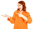 Pointing finger, excited young woman standing  transparent png image. Pointing finger. Happy face holding invisible product on her open palm. Looking to side away aside copy space for text, recommend.