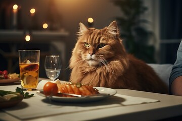 Wall Mural - a cat is sitting at a table with people, food on the table, a home party