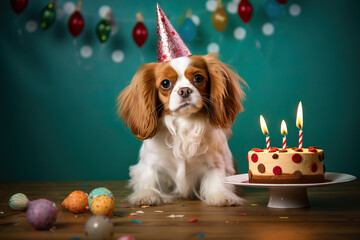 Wall Mural - a dog with a cake in a festive hat, food on the table, a home holiday