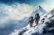 Leinwandbild Motiv Two climbers ascend mountain peak. Back view of alpinists climbing snow covered mountains. Travelers during outdoor activities