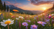 Vibrant Sunset Over Idyllic Meadow With Wildflowers
