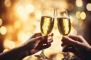 Two hands with glasses of champagne wine clink against blurred golden lights. Festive background and celebration concept