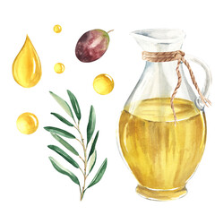 Set of olive oil open glass jug, oil drops, olive fruit and branch. Hand drawn watercolor illustration on a white background. For menu, product and italian, greek, spanish cuisine design