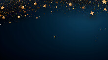Christmas And New Year Festive Background. Golden Stars And Gilded Ribbons On Navy Blue Background With Copy Space For Text. The Concept Of Christmas And New Year Holidays