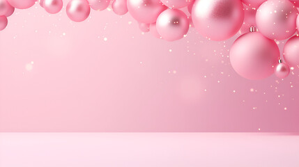 Wall Mural - Christmas and New Year minimalist background. Pink pastel Glass Balls hanging on ribbon on gradient pink background with copy space for text. The concept of Christmas and New Year holidays