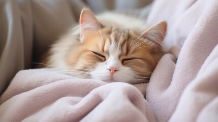 Sticker - Cute cat is sleeping in the bed on warm blanket. Cold autumn or winter weekend. Hygge concept.