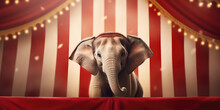 Striped Background With Elephant, Creative Concept Wallpaper Of Traveling Circus With Trained Animals, Circus Poster. 3d Render Illustration Style. 