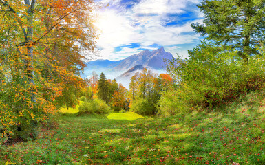 Wall Mural - astonishing autumn view on suburb of stansstad city and lucerne lake with mountaines and fog.
