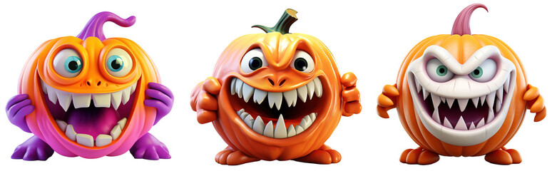 Wall Mural - Set of multi-colored pumpkins for Halloween. Pumpkin with scary, evil emotions on their faces - 3D render character cartoon style Isolated on transparent background