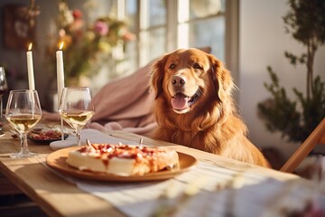 a dog is sitting at a table with people, food on the table, a home party