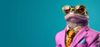 Cool looking frog wearing funky fashion dress - jacket, tie, glasses. Wide banner with space for text left side. Stylish animal posing as supermodel. Generative AI