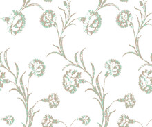 Vector Seamless Pattern Of Carnation Flower On White Backgrounds. Green Flower Carnation Background.