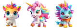 3D illustration of a happy unicorn on a rocking horse, with a very colorful mane. Concept of happiness, recklessness. 3D render character cartoon style Isolated on transparent background