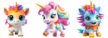 3D Illustration Of A Happy Unicorn On A Rocking Horse, With A Very Colorful Mane. Concept Of Happiness, Recklessness. 3D Render Character Cartoon Style Isolated On Transparent Background