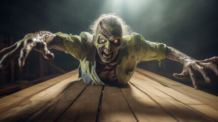 Fototapeta scary zombie towards the camera in horror and halloween scenario.
