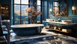 blue luxury bathroom with golden details