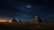 Landscape with ancient Egyptian pyramids, night view. AI generation