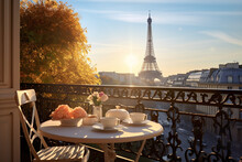 Delicious Breakfast Table French On A Balcony In The Morning Sunlight. Beautiful View On The Eiffeltower. Cozy Romantic View In Paris
