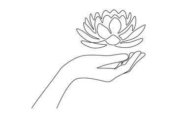 Aufkleber - Continuous one line drawing of human hand with lotus flower. Water lily buddhism concept in simple linear style. Editable stroke. Doodle outline vector illustration