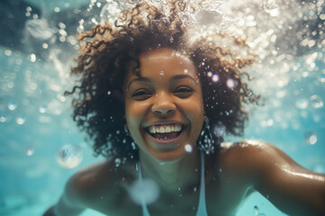 Wall Mural - Happy black woman swimming under water in public swimming pool, Holiday, relaxtion, active, watersport, beauty having fun