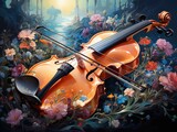Illustration of a vibrant painting featuring a violin surrounded by a picturesque field of blooming flowers. Generative AI