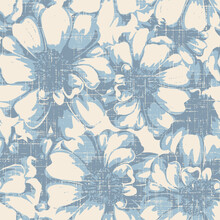 Seamless Flowers Pattern On Blue Textured Background.