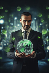 Wall Mural - ESG environmental social governance business strategy investing concept. Businessman holding green earth globe world .Ethical and sustainable investing. Enhance ESG alignment of investments . Eco