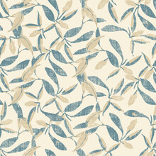 Seamless Pattern With The Image Of Leaves Textured Blue With Beige Leaves On Half White Background..