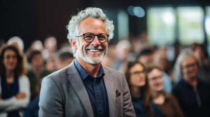 Wall Mural - Generative AI, a gray-haired old mature professor in glasses stands against the backdrop of a university office, an audience, a researcher, a scientist, a doctor of science, a lecturer